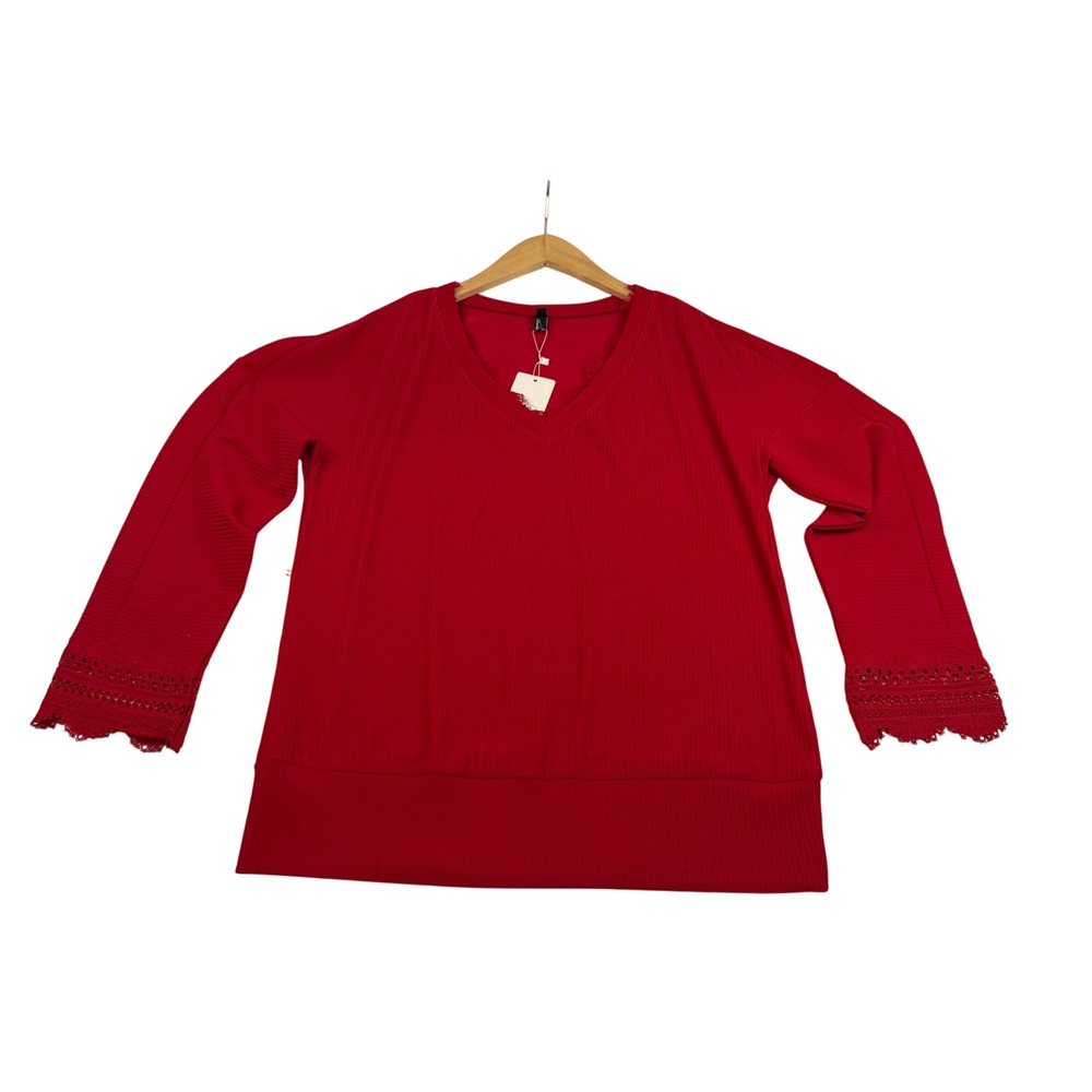 Trendy Queen Red Ribbed Knit V-Neck Top Lace Trim Sleeve Womens Medium